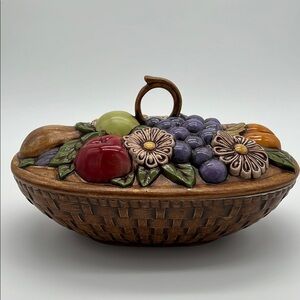 Vintage 1974 ColorfulFruit Basket Painted Ceramic Serving Dish with Lid